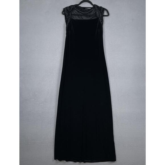 My Michelle Dress Womens Large Black Velvet Maxi Cap Sleeve Floral Mesh Gown VTG - Picture 1 of 10